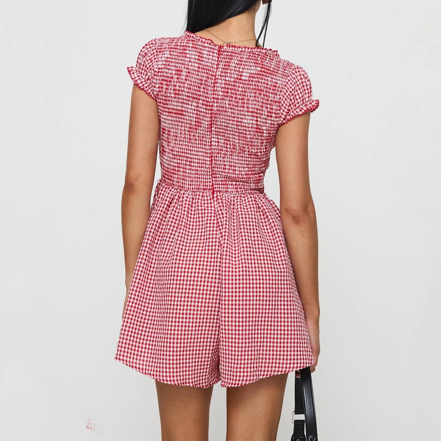 Y2k Gingham Playsuit Short Sleeve Smocked Babydoll Bodysuit Rompers Flowy A-Line Dress Retro