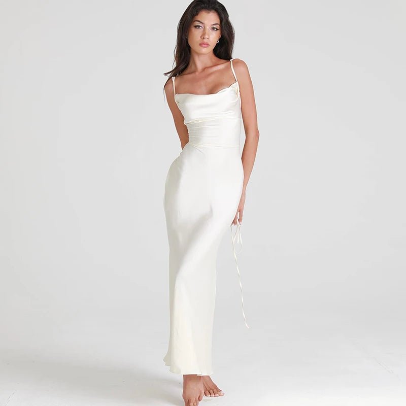 Satin Ruched Slim Sheath Maxi Dress