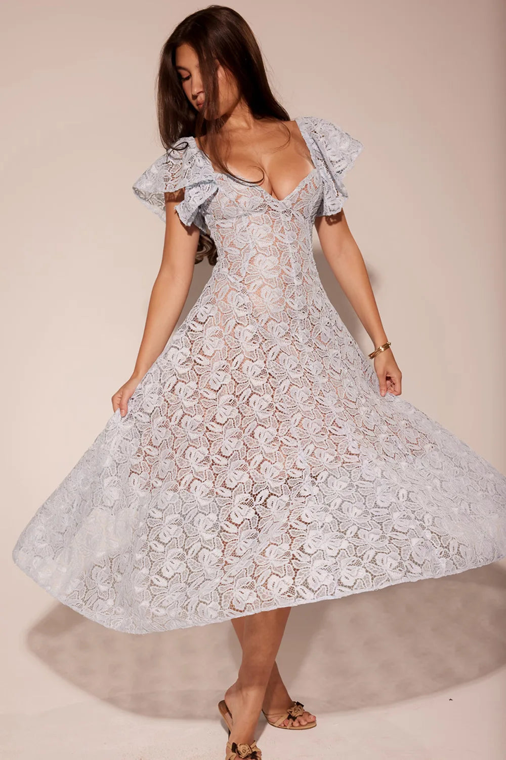 Blue Lace Flare Sleeve Dress