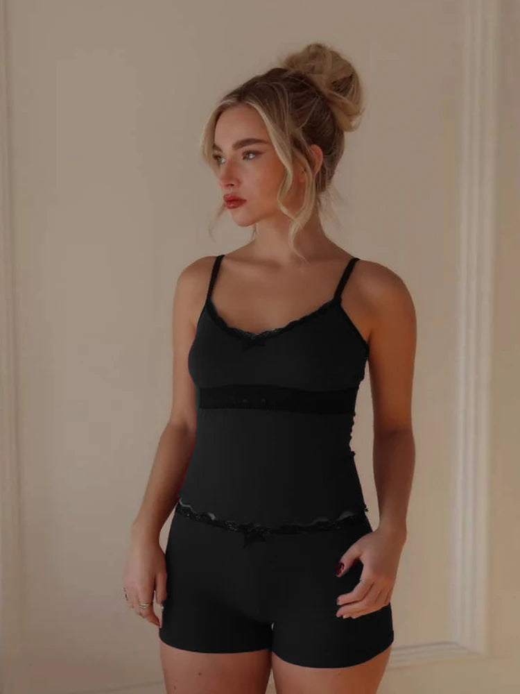 Matching 2 Piece Set Trim Low Neck Irregular Crop Camiole Elatic Wait Slim Short Sweet