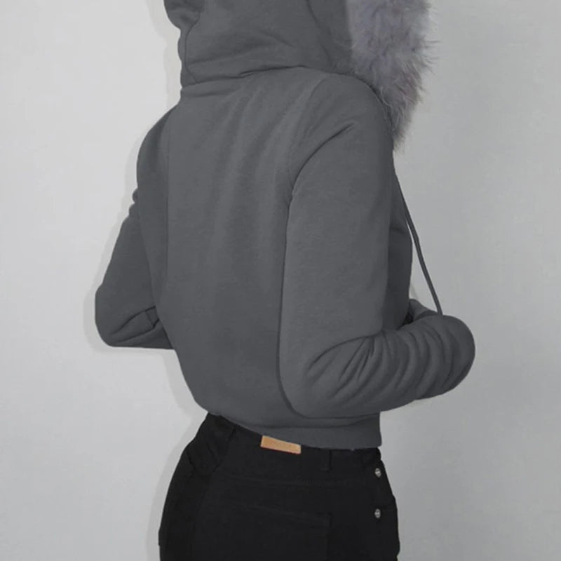 Zip Up Crop Hoodie Coats Camouflage 's Jackets Pockets Fur Neck