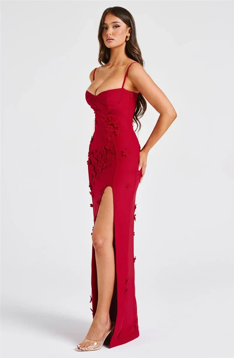 Flower Spaghetti Strap Maxi Dress Off-shoulder Backless Thigh High Split Evening Dress