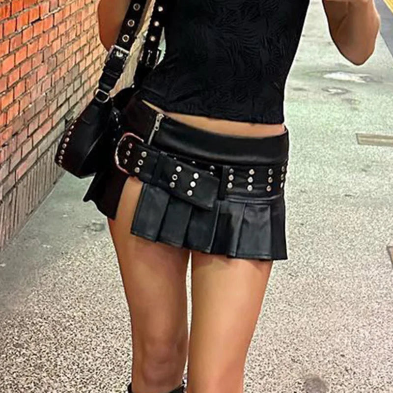 Low Waisted PU Black Mini Shorts Grunge Adjustable Zipper Bottoms