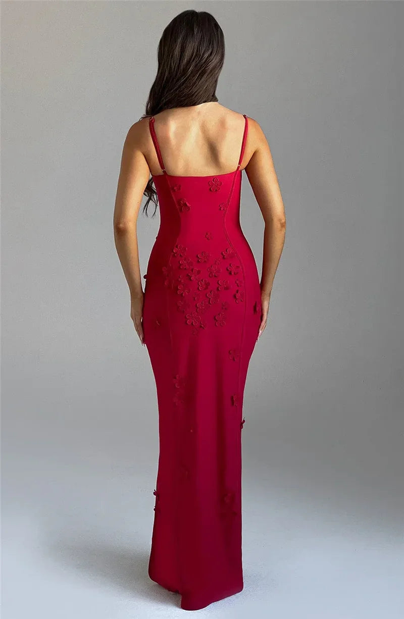 Flower Spaghetti Strap Maxi Dress Off-shoulder Backless Thigh High Split Evening Dress