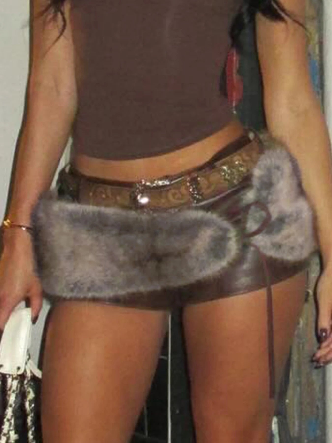 Low Waisted Mini Leather Shorts Furry Belts Waist Bottoms