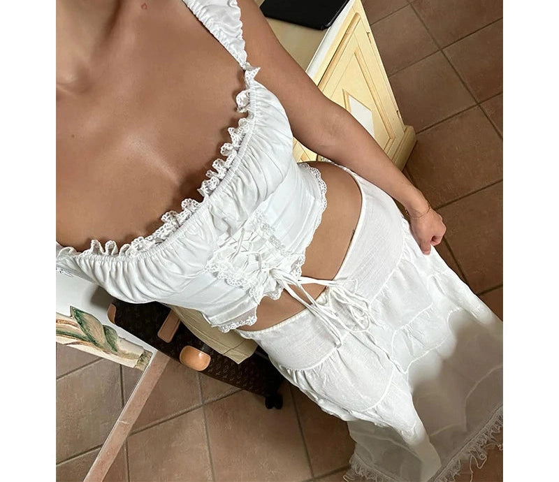 Lace Patchwork Tank Top With Low-waist Draw-string Long Skirt French Two Piece Sets