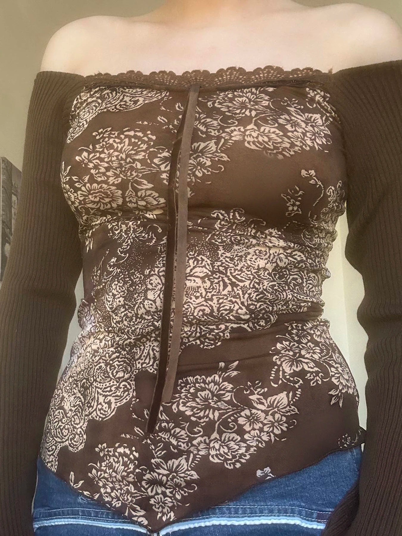 Floral Print Slim Top Tees Lace-up Brown ing Patchwork