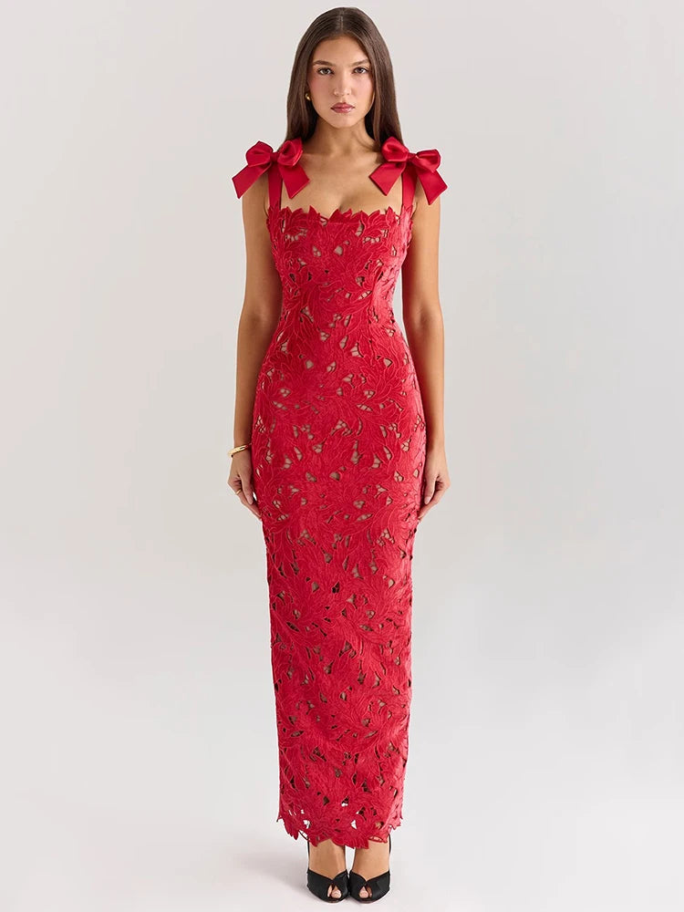 Bows Lace Maxi Dress Sleeveless Backless Bodycon Year Long Dress