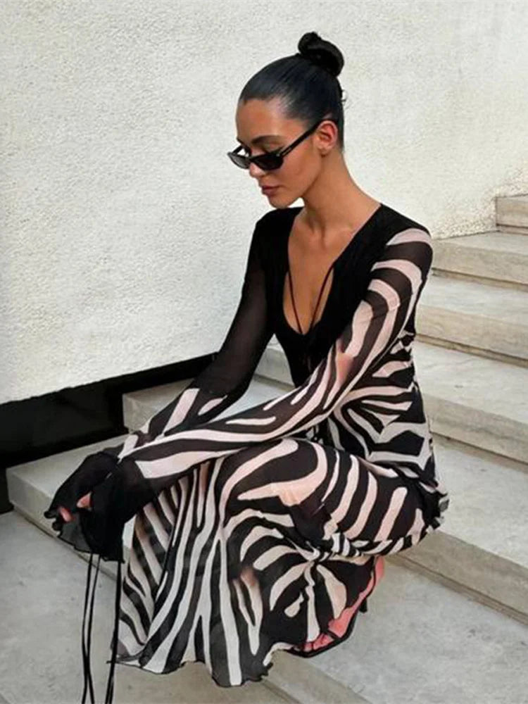 Transparent V-Neck Long Sleeve Dress High Waist Pullover Street Dress