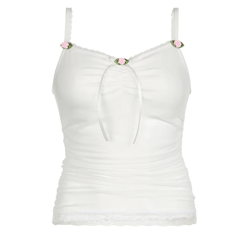 Lace Patchwork Camis Sleeveless Bow Spagetti Strap Top 's White