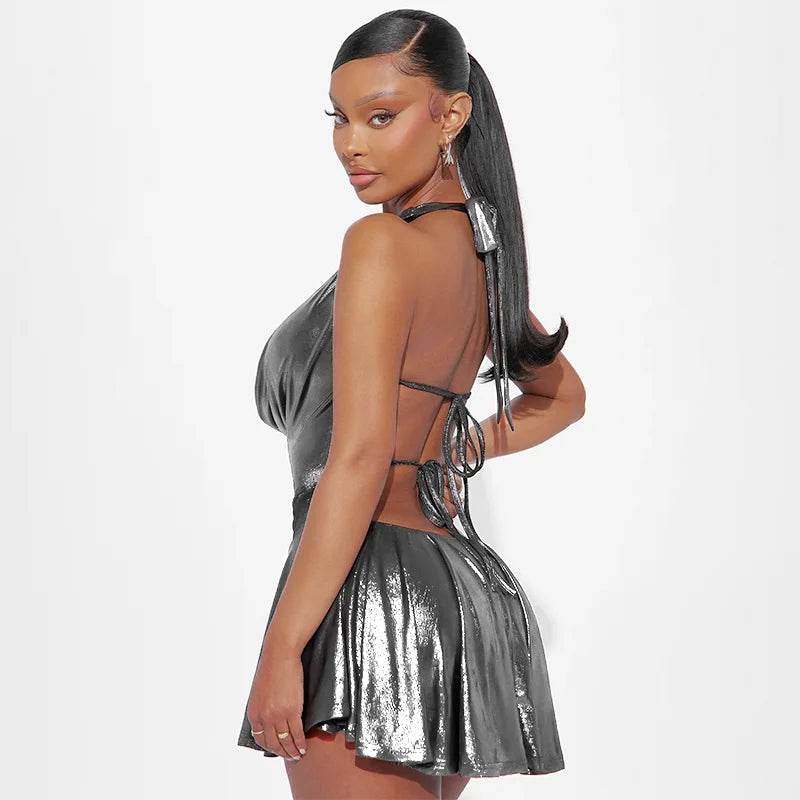 Metallic V Neck Backless Strap Mini Dress
