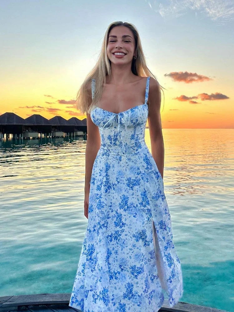 Floral Dress Midi Spaghetti Strap Lace Up Dress A Line
