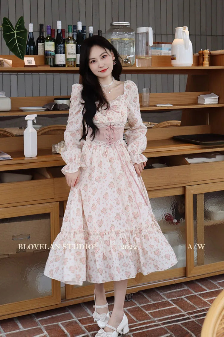 Spring Pink Floral Dress Bandage Lace Print Dress Puff Sleeve Kawaii Dress Princess Fairy