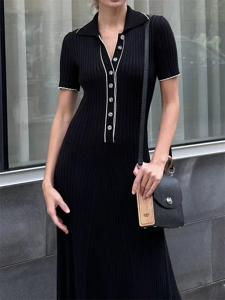 White Knit Maxi Dress Short Sleeve Patchwork Dress Lapel High Waist Knit Dress
