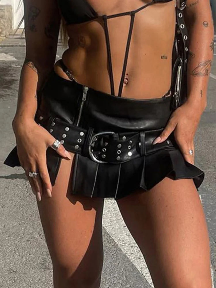 Low Waisted PU Black Mini Shorts Grunge Adjustable Zipper Bottoms