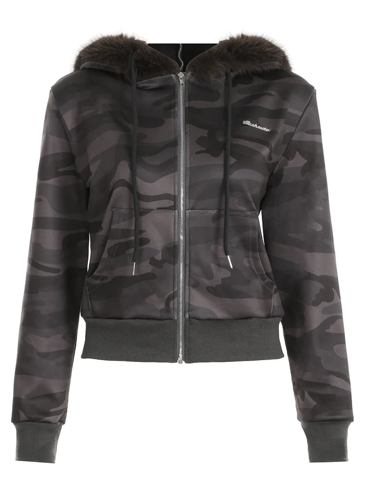 Zip Up Crop Hoodie Coats Camouflage 's Jackets Pockets Fur Neck