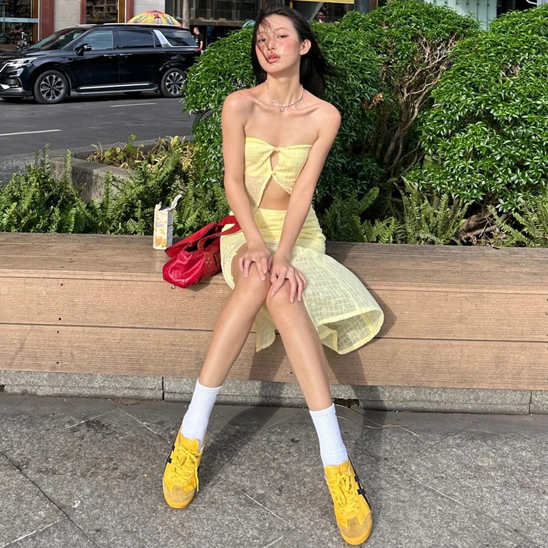 Yellow Strapless Crop Top and High Waist Midi Skirt Set