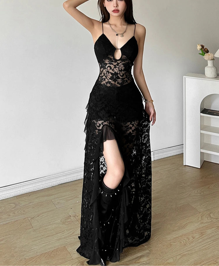 Black See Through Lace Slit Maxi Dress