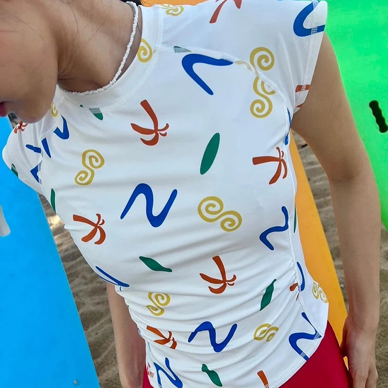 Colorful Printed Half High Neck Slim Short Sleeveless Top Fresh heart