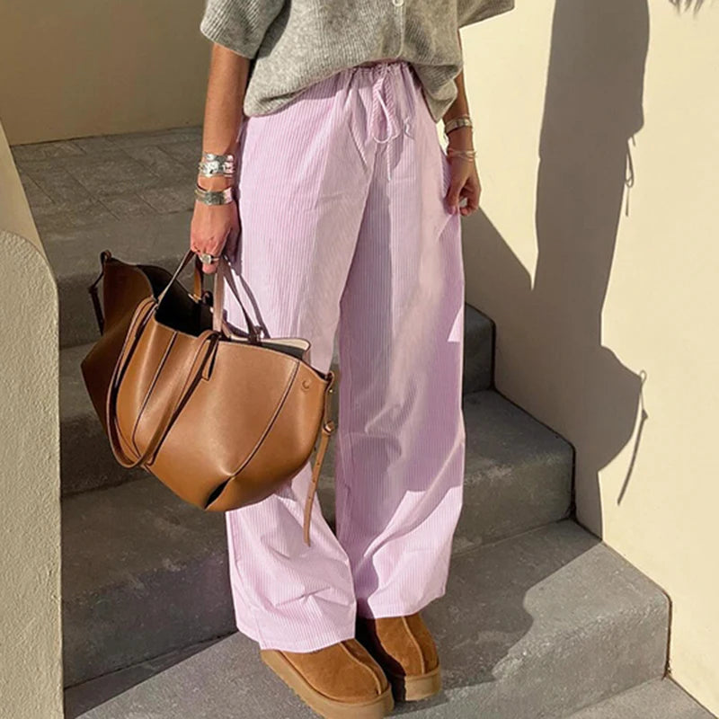 Striped Print Loose Trousers Lace-up Joggers Baggy Pants Bottoms