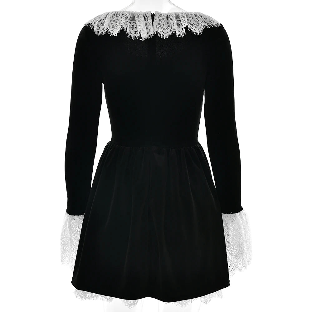 Patchwork Square Collar Lace Dress Black Flare Sleeve French Dress Slim