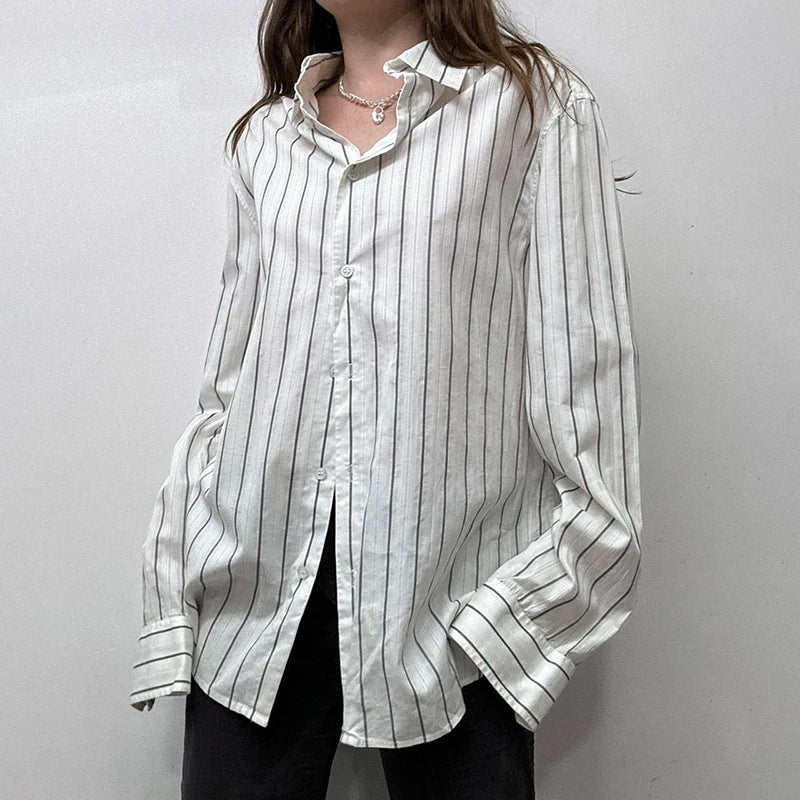Striped Print Loose Shirt Single-breasted Oversized Blouses Turn-down Neck Top