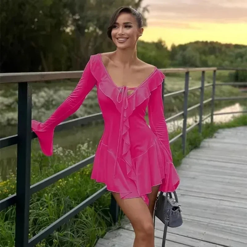 White Deep V Neck Ruffled Dress Long Flare Sleeve Short Dresses Slim