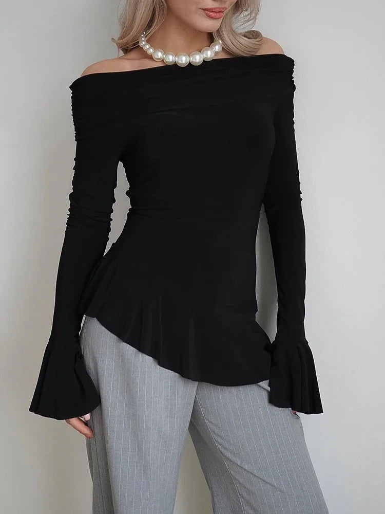 One Shoulder Flare Sleeve Ruffle T-shirt White Backless Pullover T-shirt Top