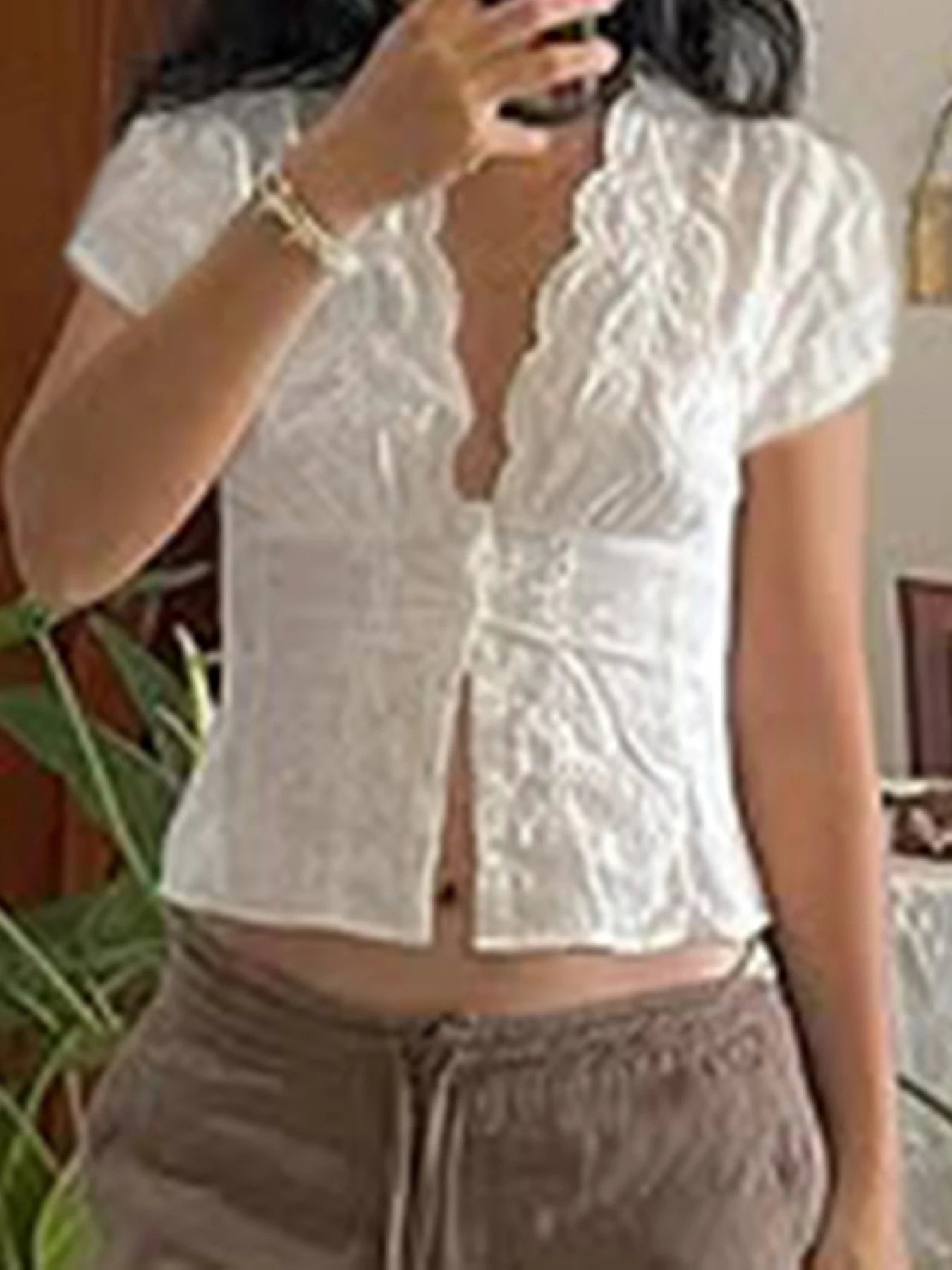 Button Up Blouses Deep V-neck Slim 's Tee Shirts Short Sleeves Crop