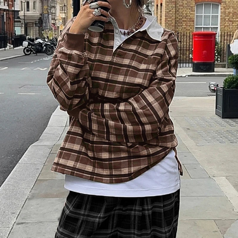 Retro Plaid Pullovers Turn-down Collar Loose Sweatshirts Brown