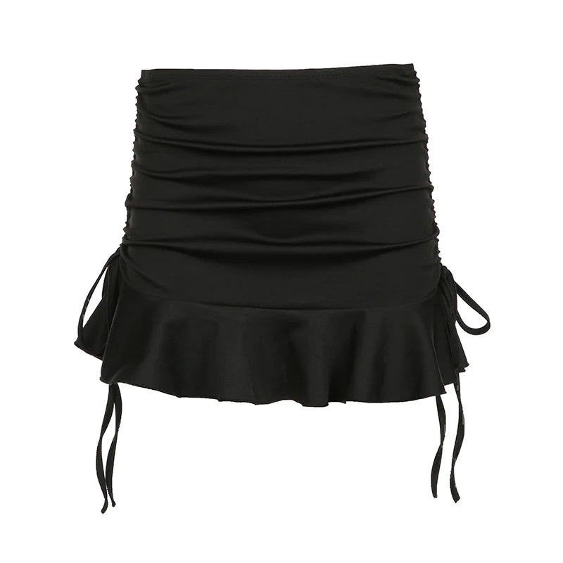 Drawstring Mini Skirts Lace-up Low Waisted Black Ruffles Fairycore Bottoms