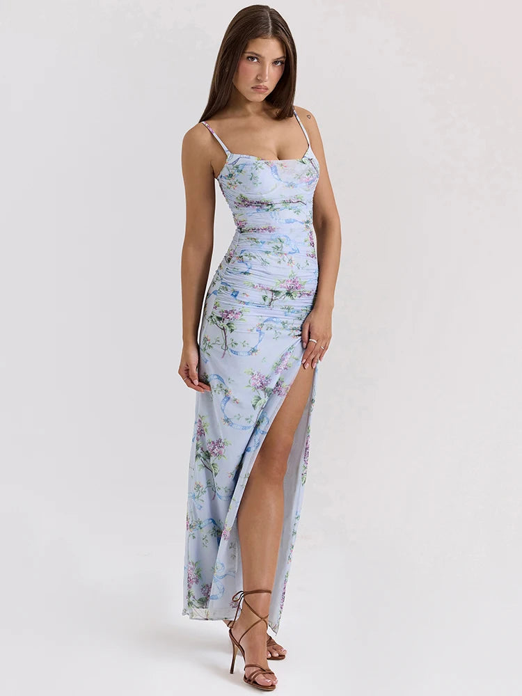 High Slit Floral Maxi Dress Purple Spaghetti Strap Evening Dress Slim