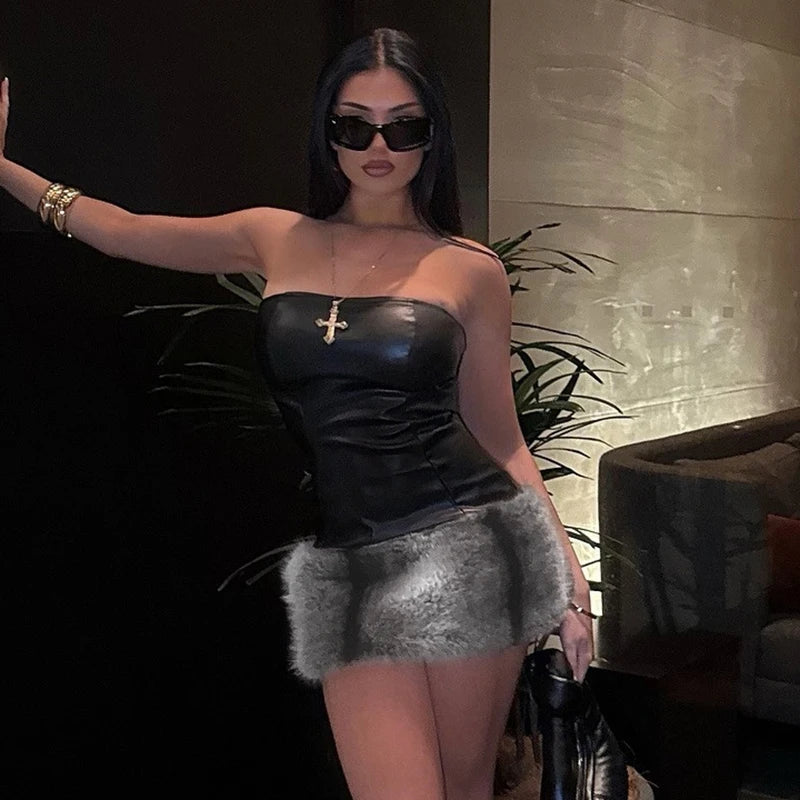 Butier Mini Dress Collarle Leather Butier Pluh Splicing Package Hip Short Dress