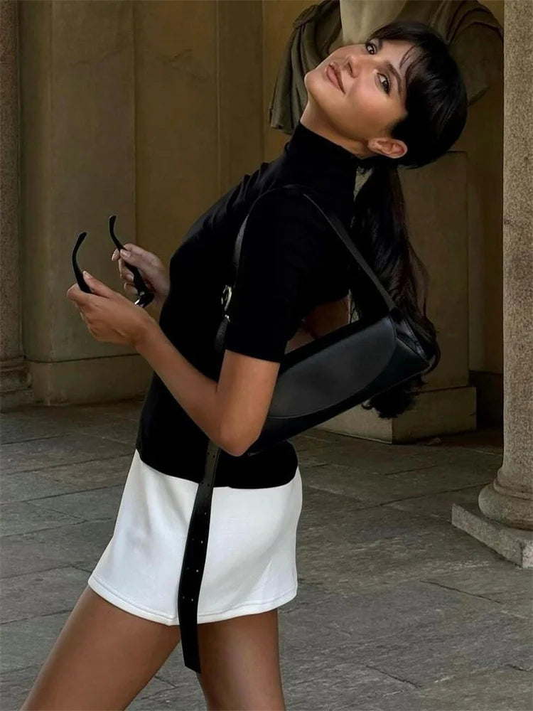 Contrast Mini Dress High Waist Short Sleeve Patchwork Bodycon Dress Mini Dress