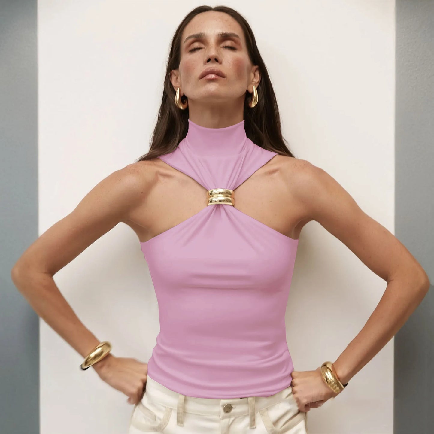 Turtleneck Knit Tank Top Vest Pullovers Metal Ring Camisole Sleeveless Knitted Top Cropped Top