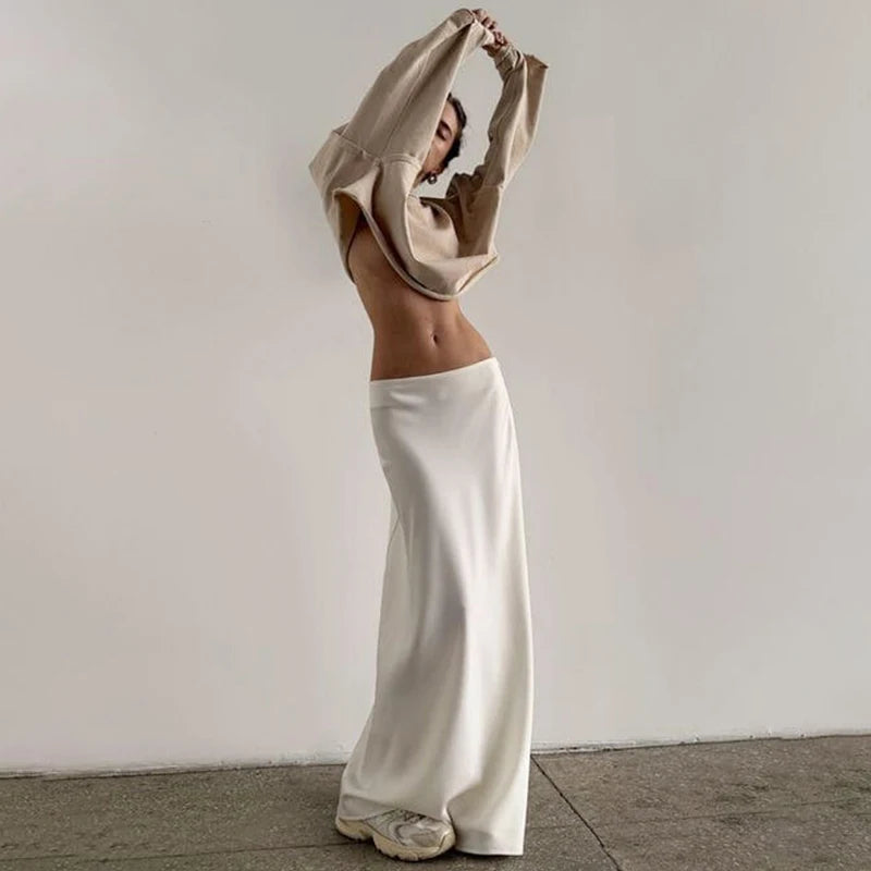 Solid Color Long Skirt Satin Bodycon Skirt High Waist Office Skirts