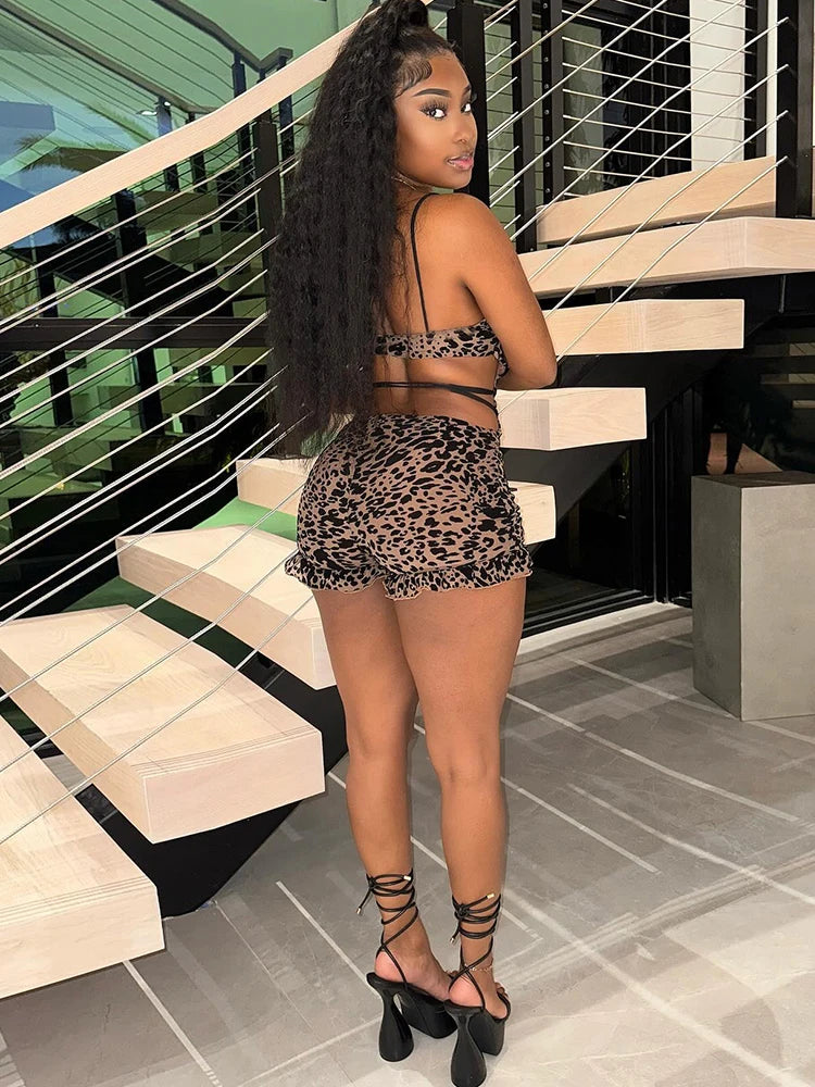 Romper Flocking Leopard Print Backless v-Neck Tassel Coquette Thin Workout Playsuits