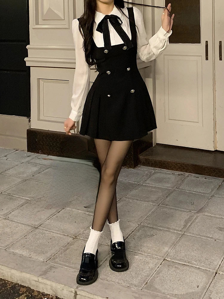 Fake Two Dress Slim Chic Long Sleeve Bow Casual Y2k Mini Dress Korean Short Dress