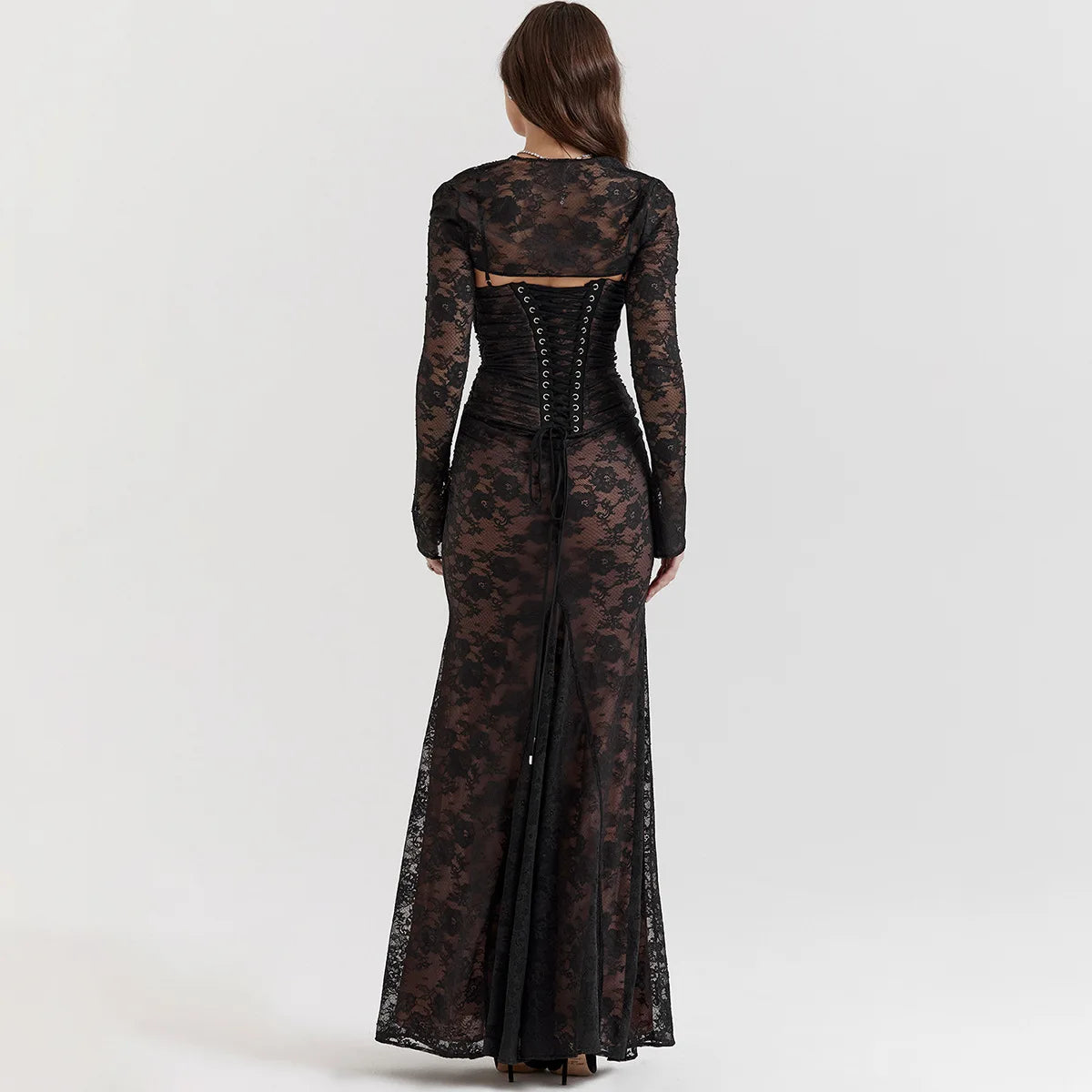 Lace Hollow Out Long Sleeve Two Piece Set
