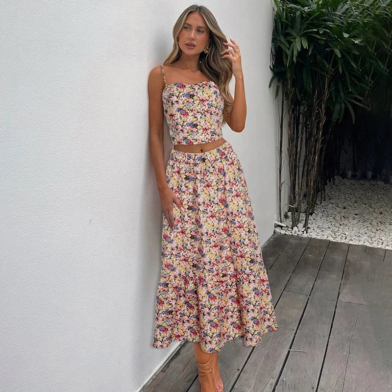 Floral Backless Pleated Two Piece Set