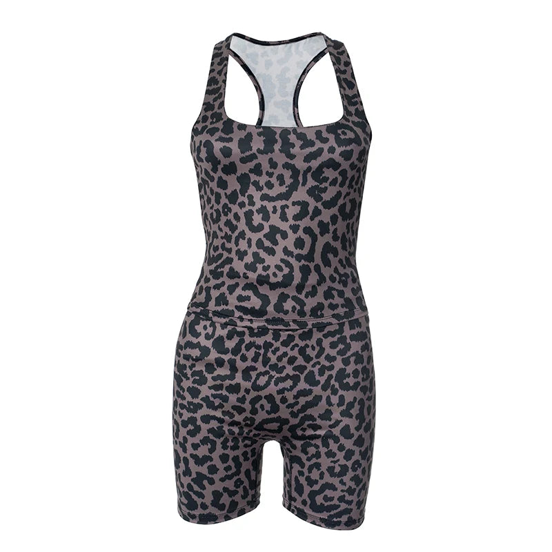 'S Spring And Leopard Print Shorts Set Square Neck Tank Sleeveless High Waist Package Hip Shorts Sets