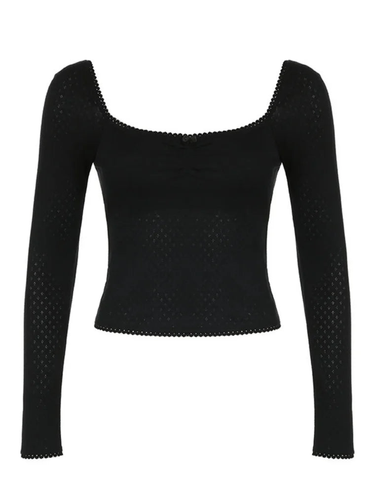 Square Collar Slim Folds Tee Shirts Long Sleeves s Lace Knitted Bow 's Top