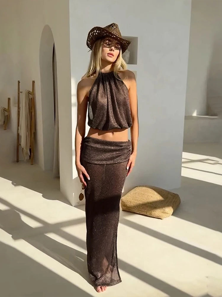 Claic 2 Piece Set Pleat Halter Crop Tank Stack Maxi Skirt Suit