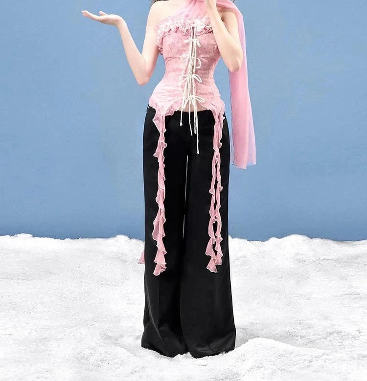 Mesh Scarf Patchwork Lace Ruffled Irregular Hem Long Tassels Frenulum Street Skinny Versatile Girly Sweet Top
