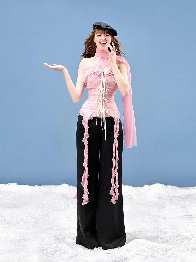 Mesh Scarf Patchwork Lace Ruffled Irregular Hem Long Tassels Frenulum Street Versatile Girly Sweet Top