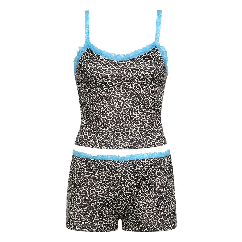 's Two Pieces of Sets Leopard Print Camisole and Slim Shorts ing Lace Patchwork
