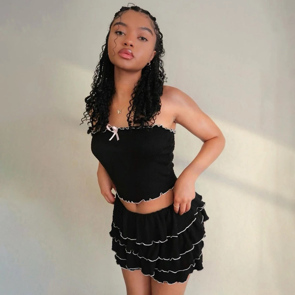 2 Pcs Sets Black Bow Strapless Crop Tank Top Pleated Skirts Festiv