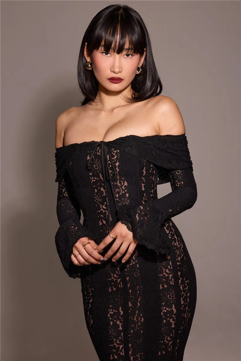 Lace Off-shoulder Maxi Dress Strapless Backless Long Sleeve Bodycon Evening Long Dress