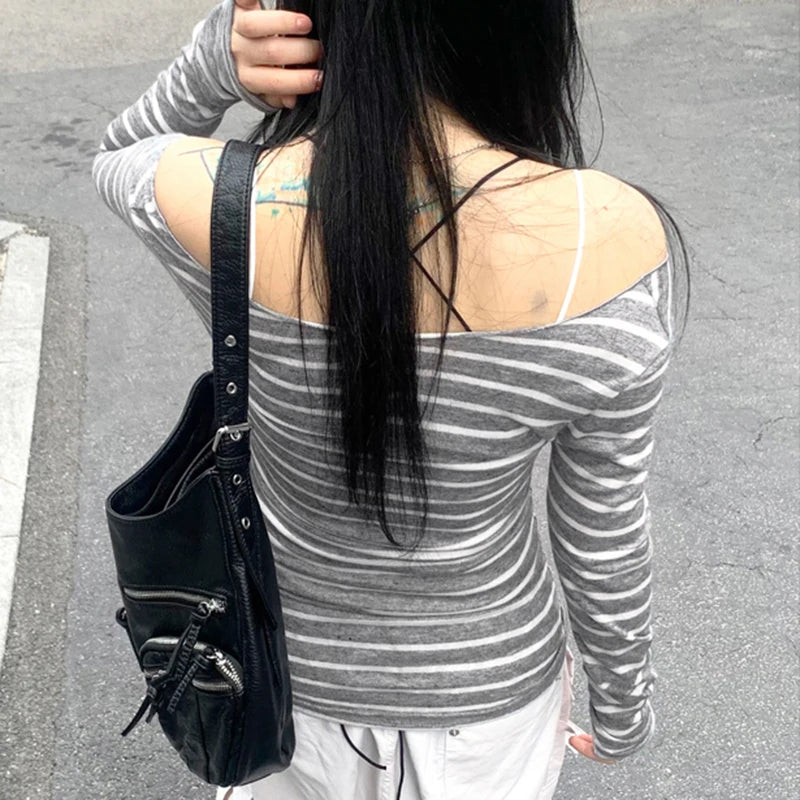Strip Long Sleeve Tee Shirt Crewneck Slim