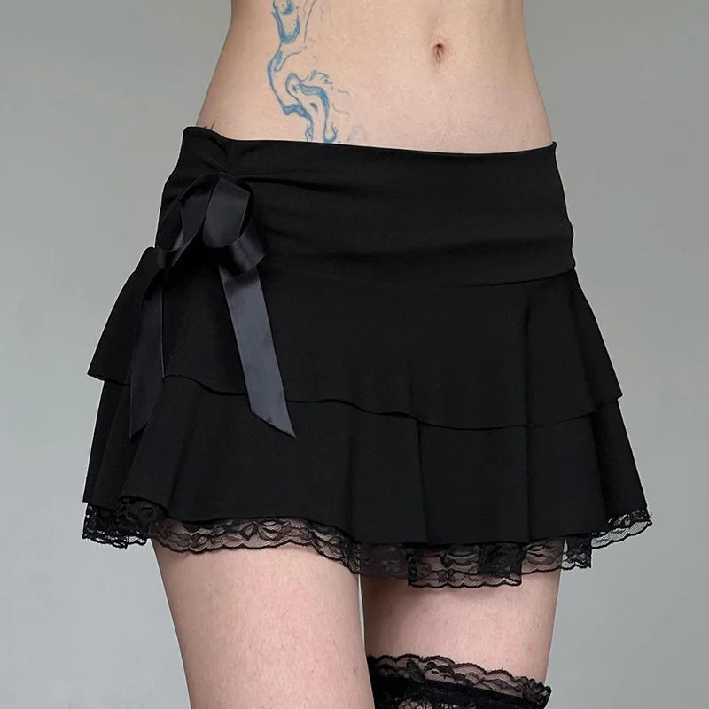 Gothic Black Mini Skirts Lace Patchwork A-line Bottoms Lace-up Kawaii Skirts